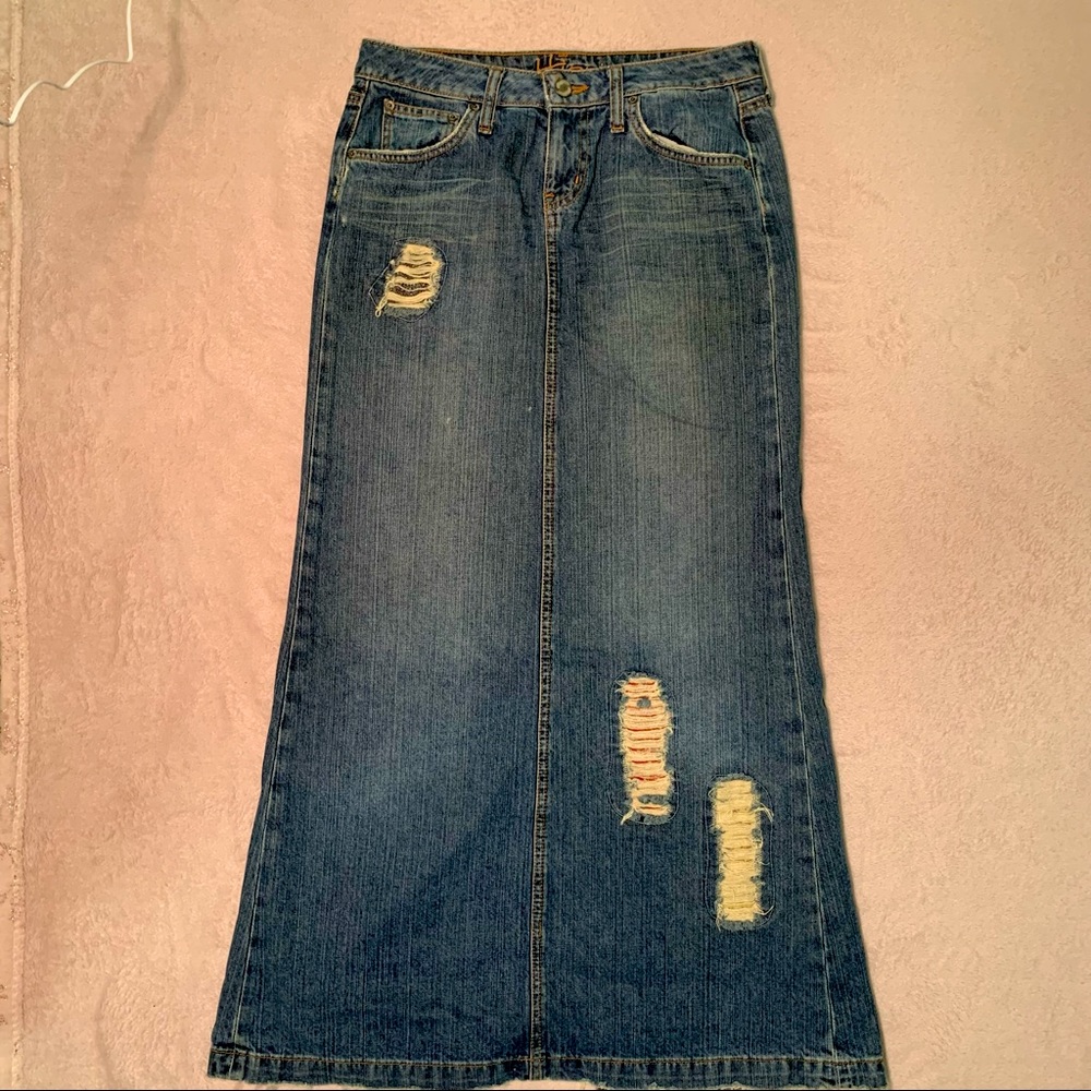 Hippie long distressed denim  blue Jean skirt